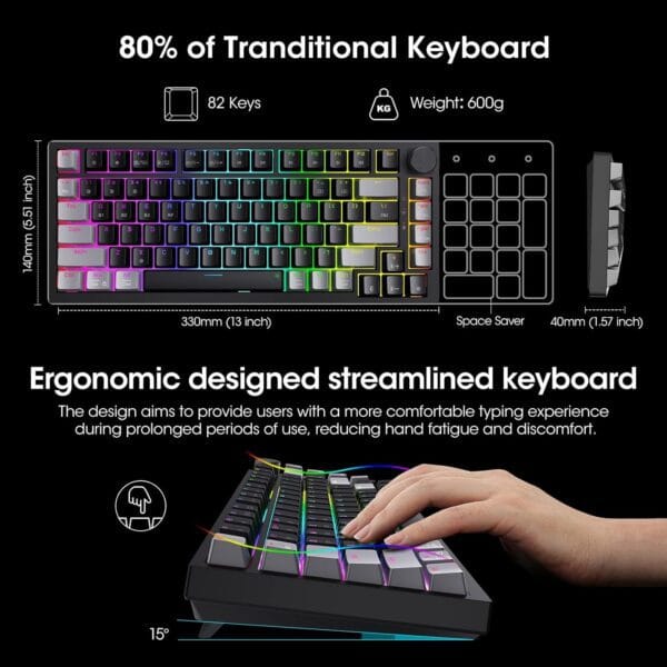 teclado koorui gaming rgb 75% inalámbrico 3 modos bt/2.4ghz/usb c (switch red)