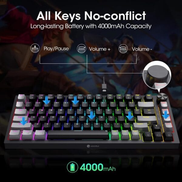 teclado koorui gaming rgb 75% inalámbrico 3 modos bt/2.4ghz/usb c (switch red)