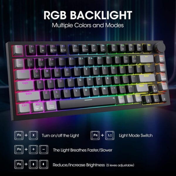 teclado koorui gaming rgb 75% inalámbrico 3 modos bt/2.4ghz/usb c (switch red)