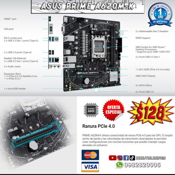 mainboard asus prime a620m k ddr5 am5 ddr5 m.2 hdmi usb 3.2