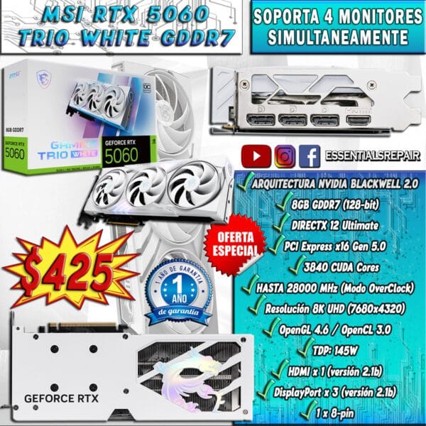 tarjeta grÁfica msi trio white rtx 5060 8gb gddr7
