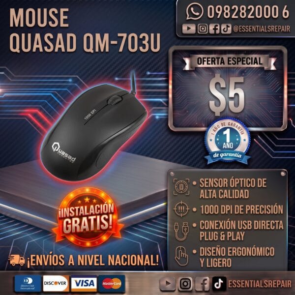 mouse quasad qm 703u Óptico alÁmbrico usb 1.5m negro