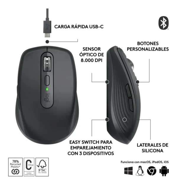 mouse inalambrico logitech mx anywhere 3s grafito bluetooth logi bolt