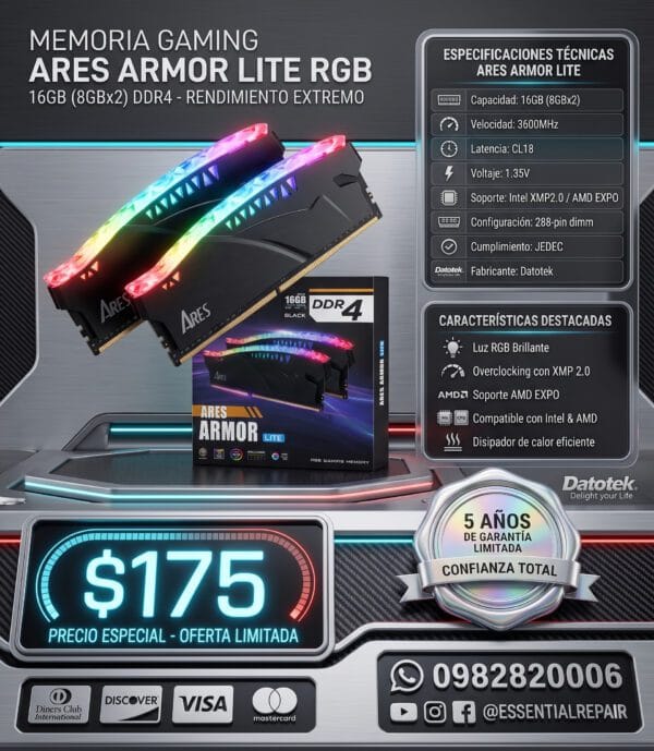 16gb (2x8gb) memoria ram datotek ares armor lite rgb ddr4 3600mhz cl18 negro