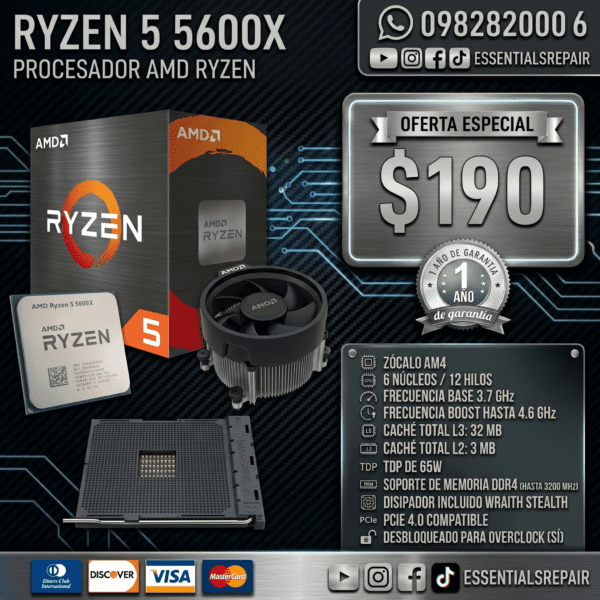 procesador amd ryzen 5 5600x 6 nucleos/12 hilos 4.6ghz am4