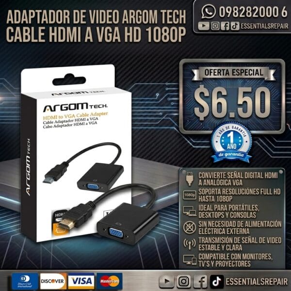 adaptador de video argom tech cable hdmi a vga hd 1080p