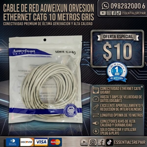 cable de red aoweixun orvesion ethernet cat6 10 metros gris