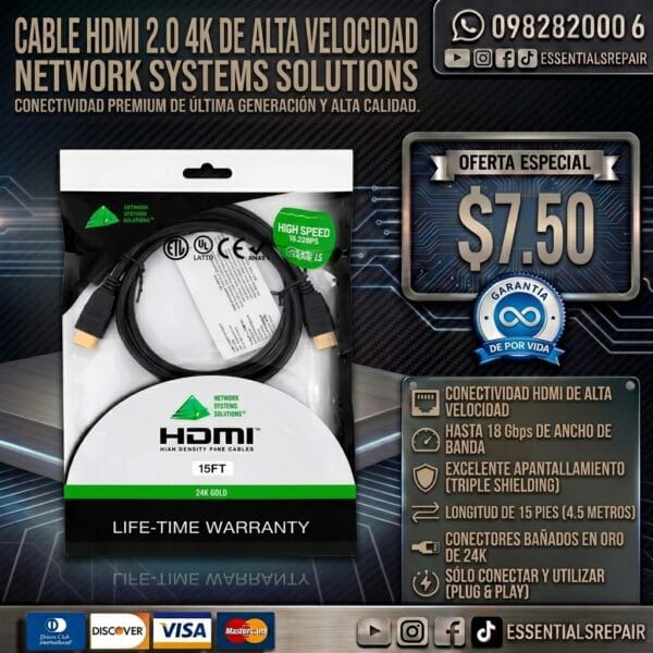 cable hdmi 2.0 network systems solutions 15ft (4.5m) alta velocidad 4k 24k gold