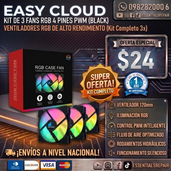 kit de 3 fans easy cloud rgb 4 pines pwm (black)