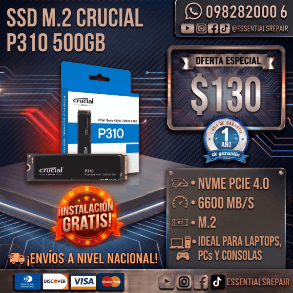 500gb ssd m.2 crucial p310 nvme pcie 4.0 6600mbs copia