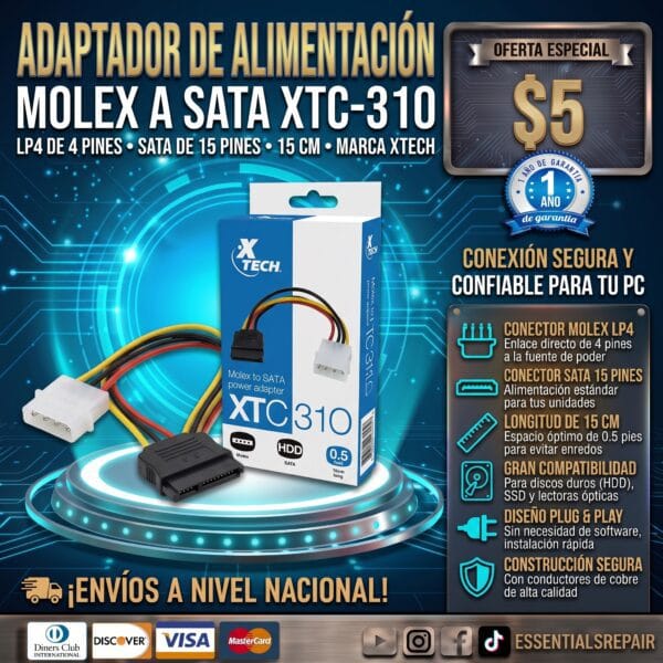 adaptador de alimentación de molex a sata xtc 310